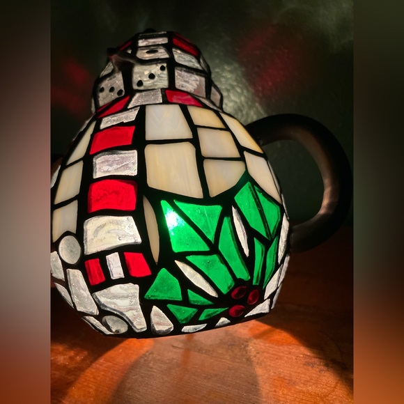 Vintage Tiffany Style Stained Glass Snowman Tea Pot Table Lamp Night Light - Picture 9 of 10